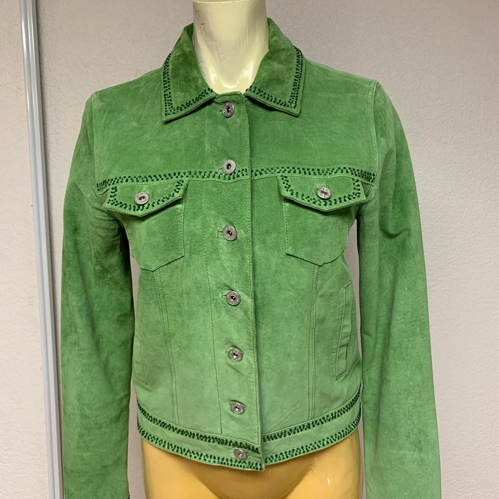 Suede Green Jean Jacket. Beading detail. 4 pockets, green lining.